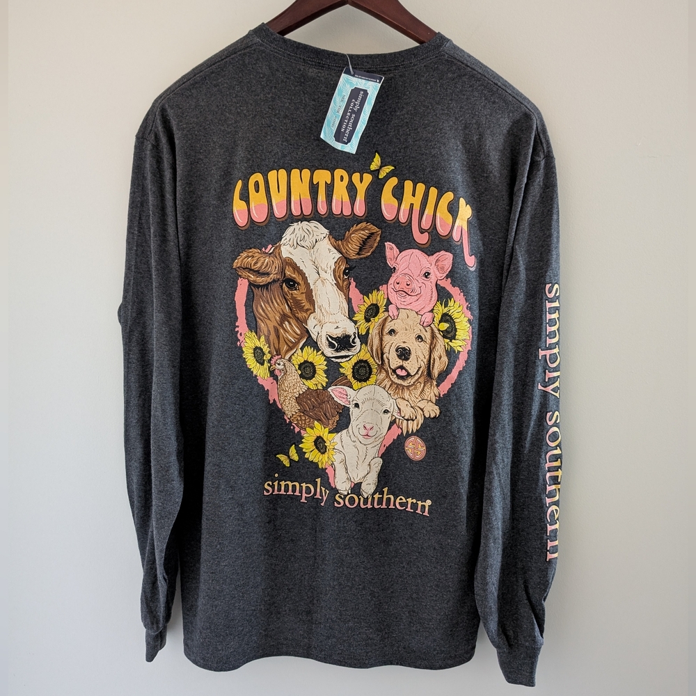 SIMPLY SOUTHERN Country Chick Long Sleeve Shirt Women's L Farm Animals Heart NWT
